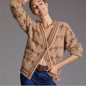 HTF Anthropologie Houndstooth Tan Eyelash Cardigan Sweater V-Neck Cozy XL
